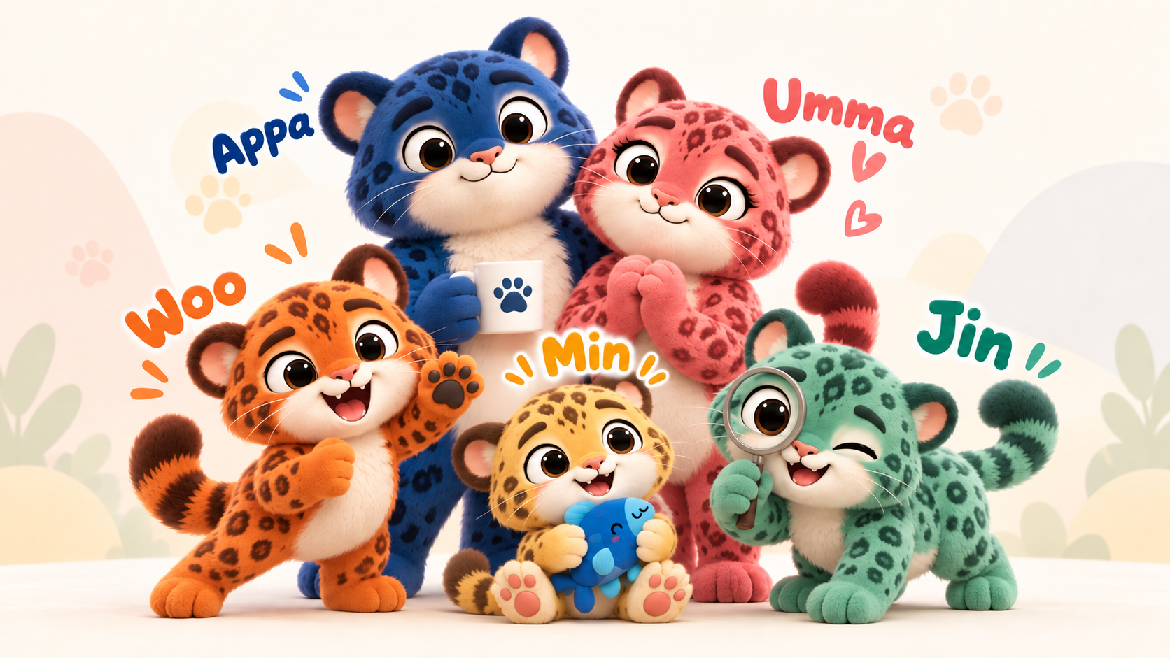 The NaCho Family mascots: Appa, Umma, Woo, Min, and Jin — five fluffy spotted cats in blue, coral, orange, yellow, and green, posing together.